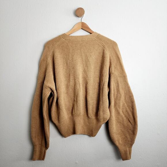A.L.C May Ribbed Knit Slouchy V-Neck Merino Wool Cardigan Sweater in Camel - Picture 12 of 14